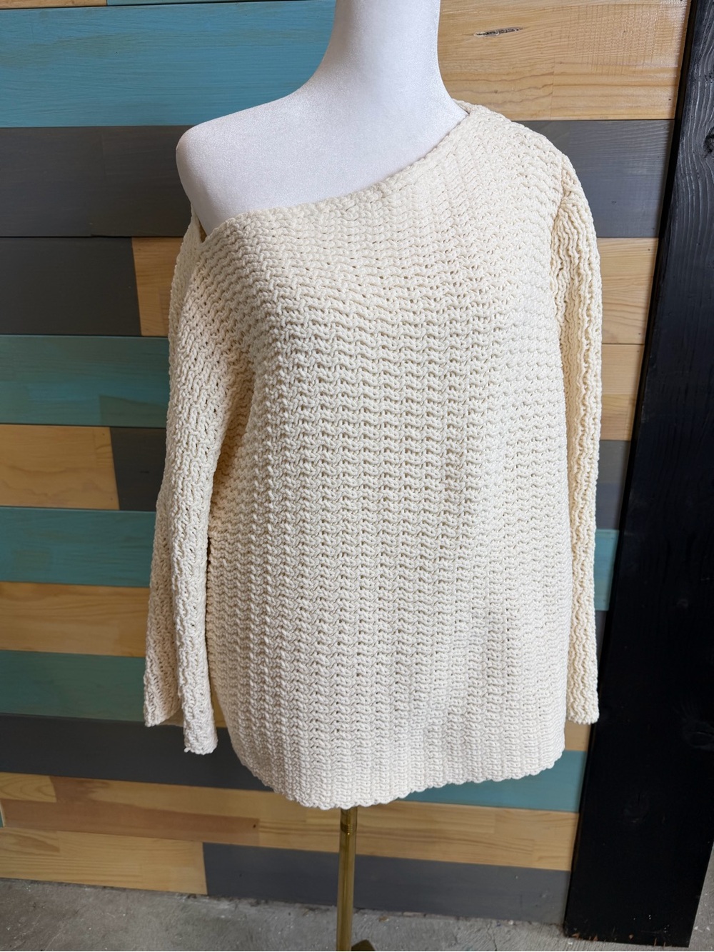 Lovers + Friends Textured Off The Shoulder Slouchy Cream Knit Sweater Cottage